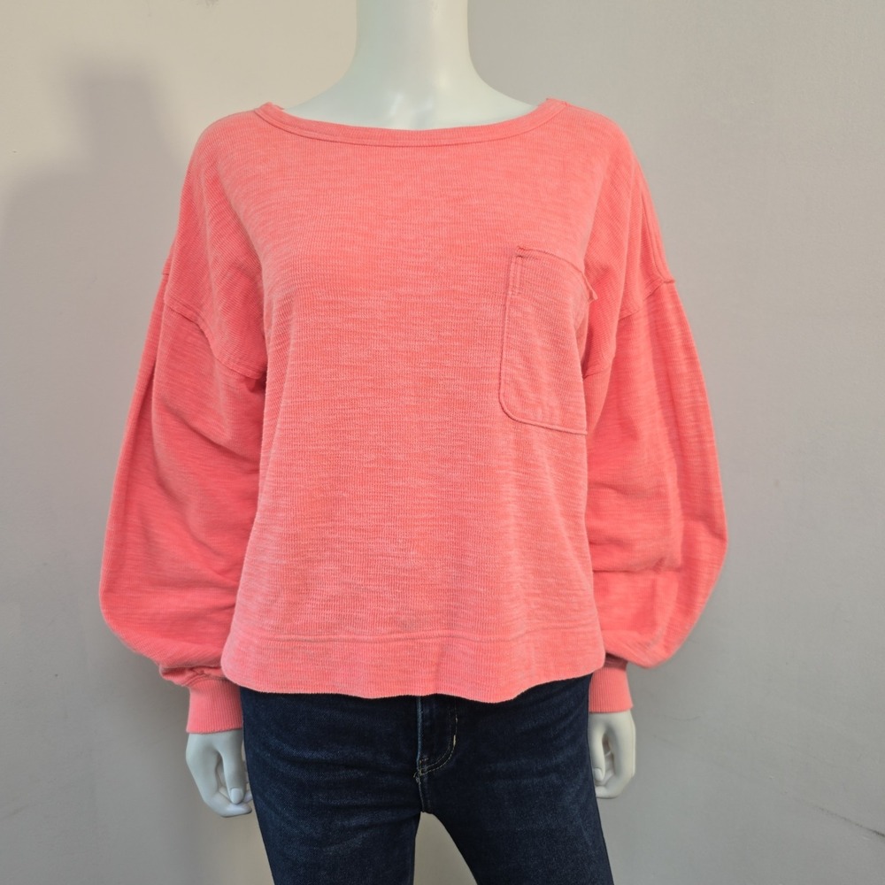 Aerie Endless Summer Crew Sweatshirt Size S Pink Puff Sleeve Stretch Knit Womens